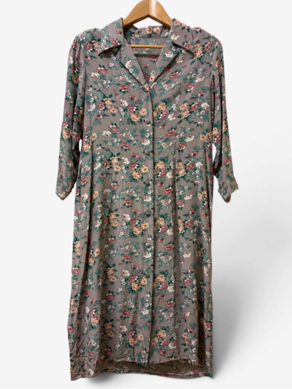 Vintage 80s 90s Muted Sage Green Floral 100% Silk Dress L Cottagecore Boho Midi